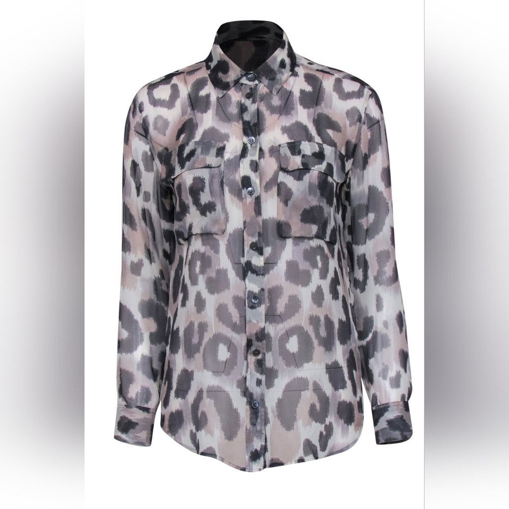 EQUIPMENT GRAY/BLACK SHEER LEOPARD PRINT BUTTON DOWN SHIRT